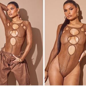 NWT PrettyLittleThing 4 Sheer/Gold Brown Texture Mesh Cut Out Lng Sleve Bodysuit